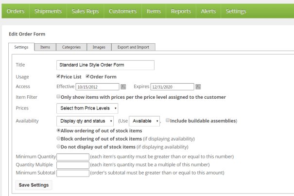 Edit Order Form Settings tab