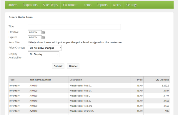 Create Order Form/Price List settings page